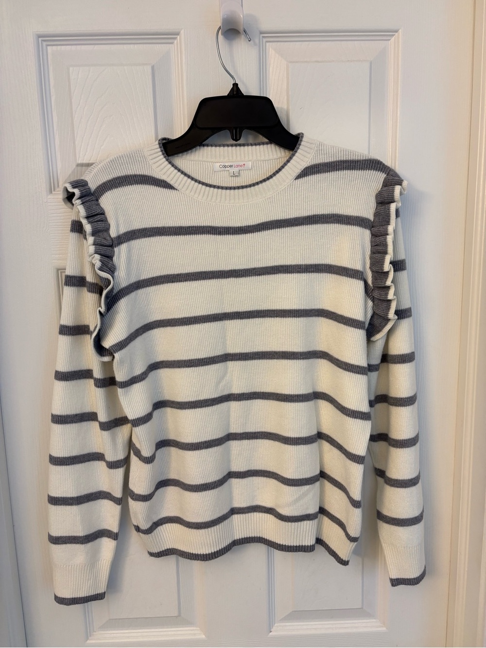 Cooper & Lane White and Gray Striped Ruffle Shoulder Sweater